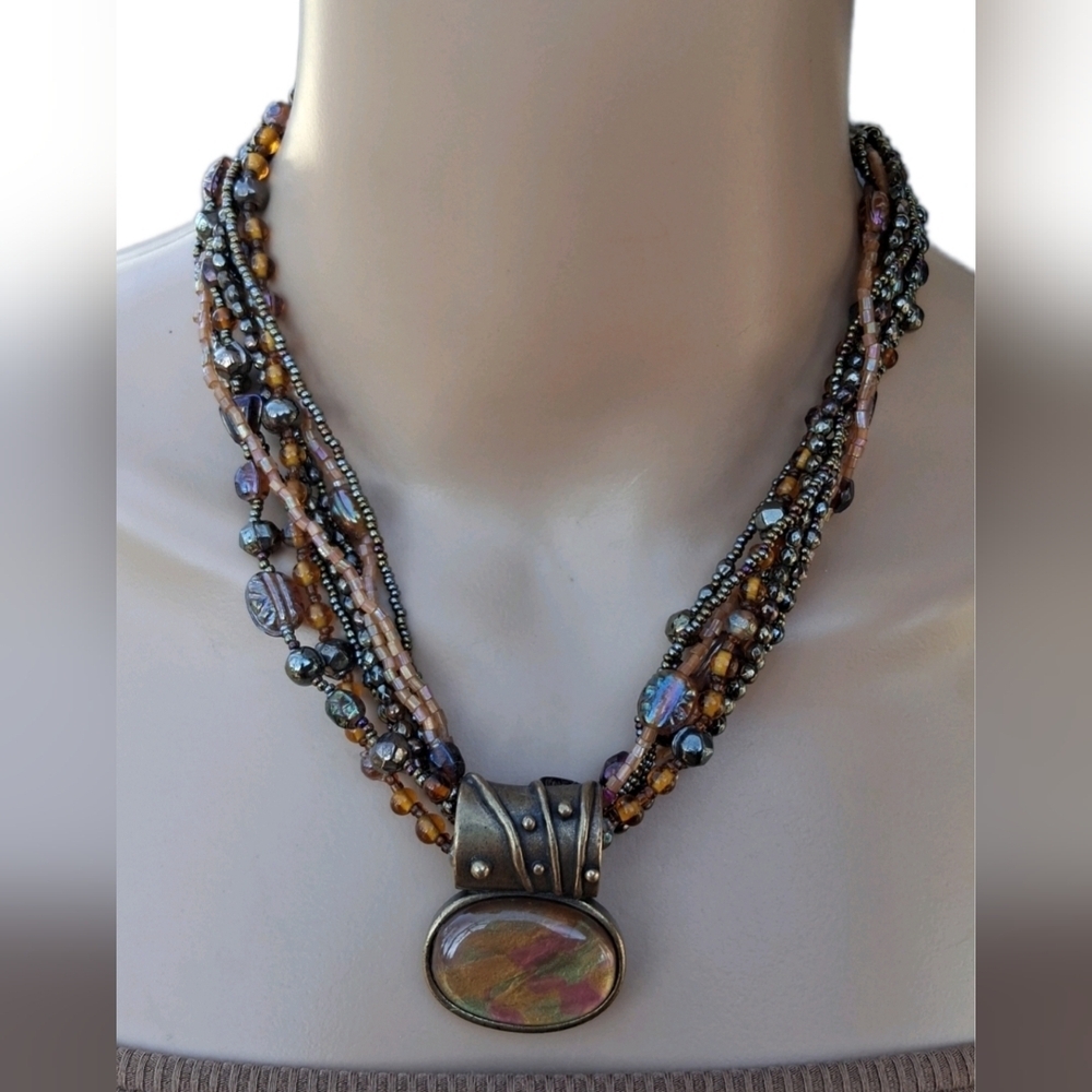 Chico's Multi-Strand Earth Tone Beaded Necklace with Abstract Resin Pendant